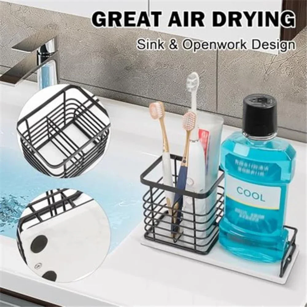 Matte Black Toothbrush Holder Marble Base Bathroom Organizer Toothpaste Storage